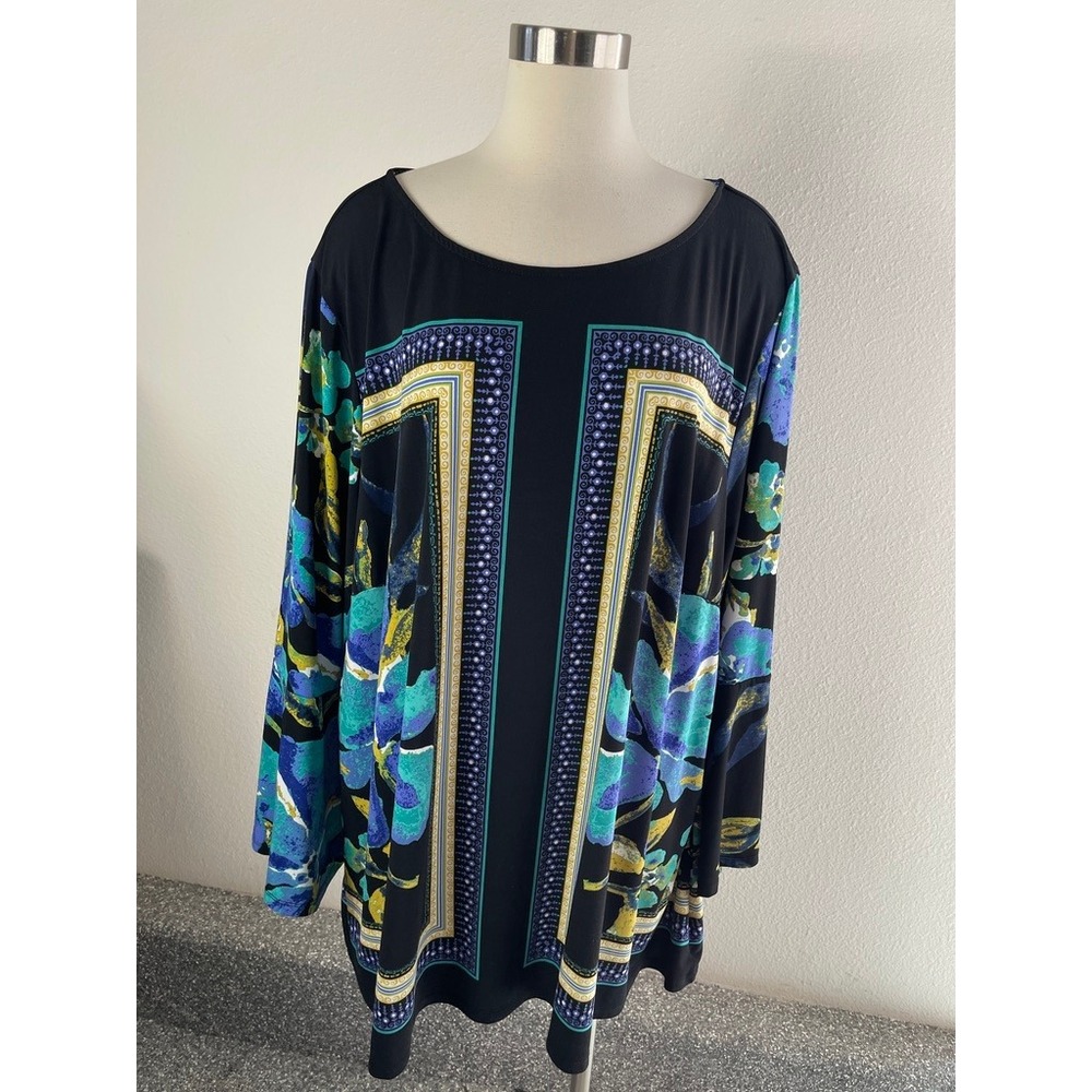Avenue Studio Women Plus 30/32 Tunic Top Abstract Floral Print Teal Black Shirt
